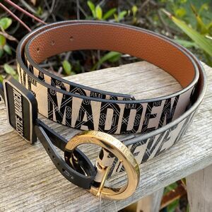 Steve Madden Faux Leather Cream Belt w/"Steve Madden" in Black. Size Large. NWT